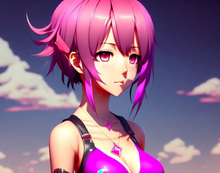 Anime-style character with pink hair and red eyes in purple top under cloudy sky