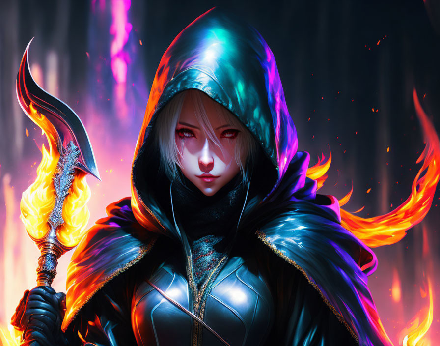 Enigmatic female warrior with fiery spear in teal cloak among blazing embers