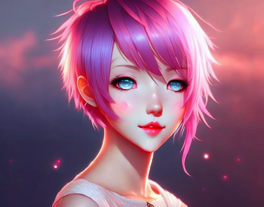 Young female with pink hair and blue eyes on red and blue backdrop