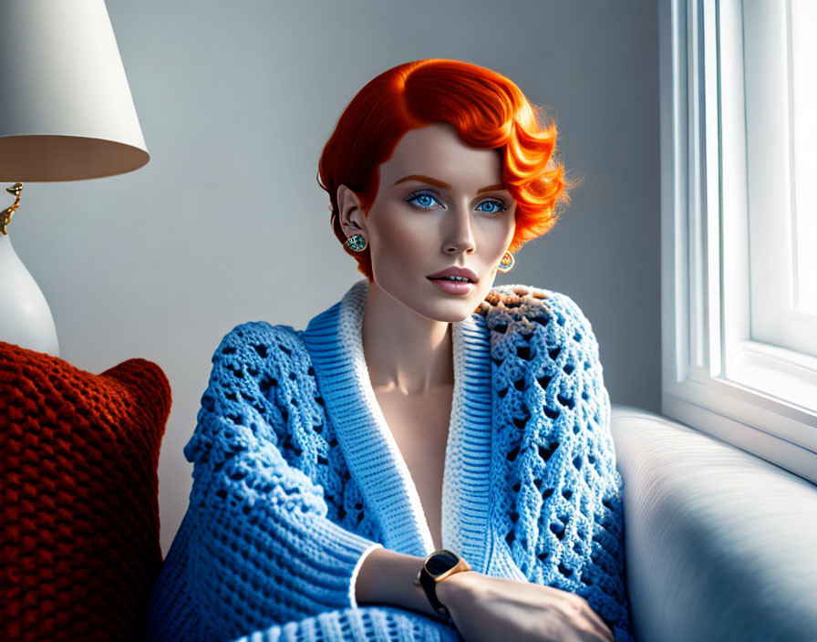 Woman with red hair in blue knit sweater by window with lamp and cushion