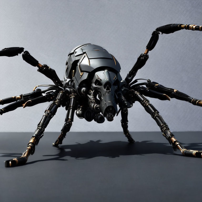 Skull-shaped mechanical spider with metallic legs and lens eyes on gray backdrop