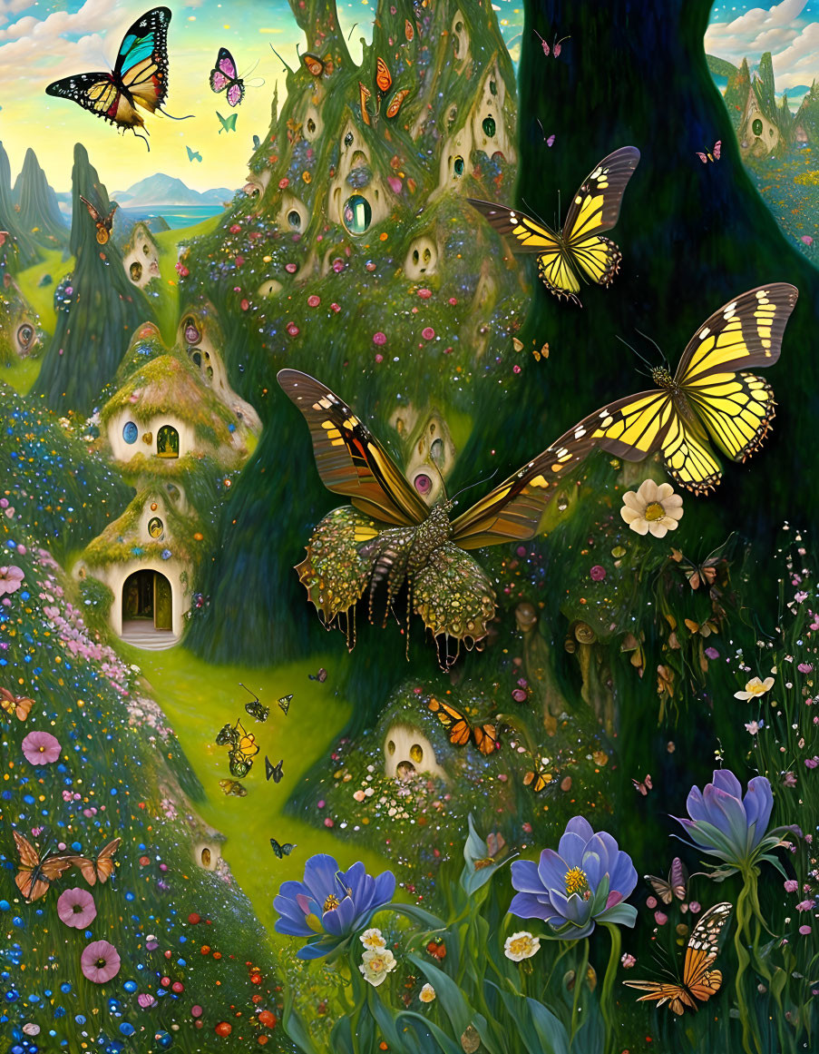 Fantastical landscape with hillside homes, butterflies, and colorful flowers