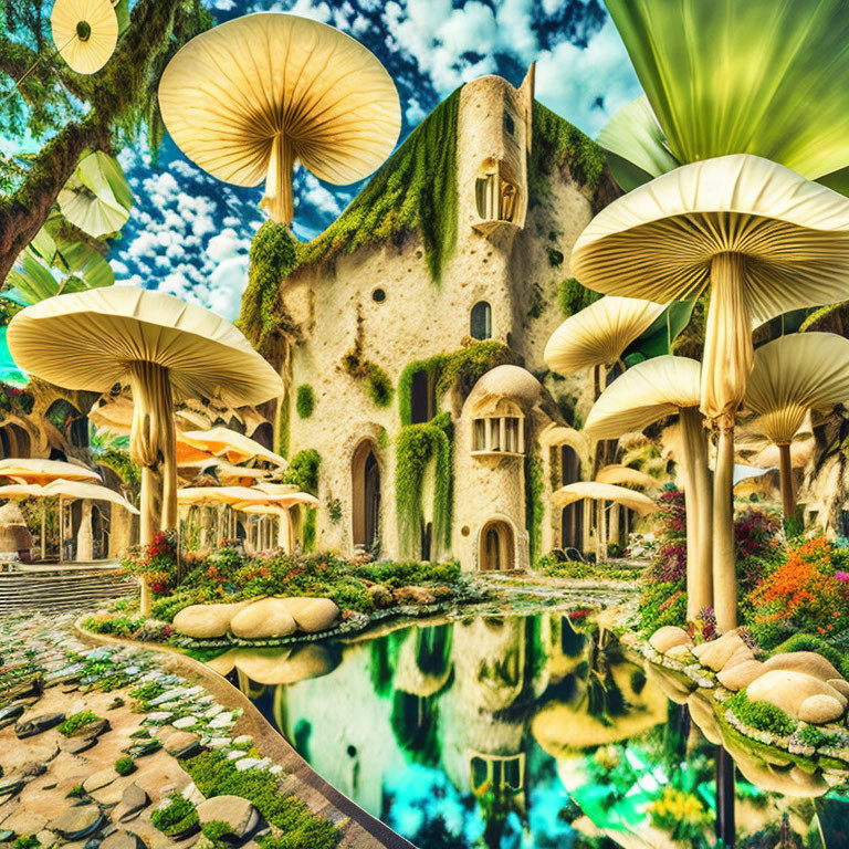 Fantasy landscape with oversized mushroom village, reflective pond, lush greenery