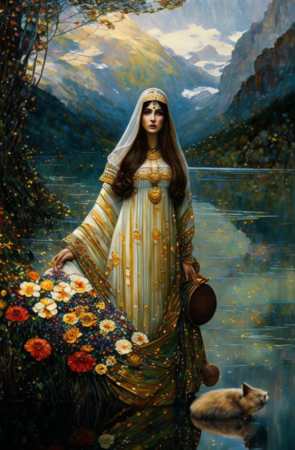 Regal woman in gold-adorned gown by riverbank with fox and mountains