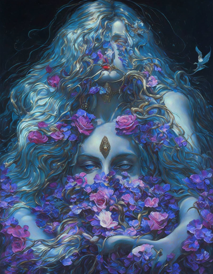 Surreal portrait of woman with flowing hair and floral adornments