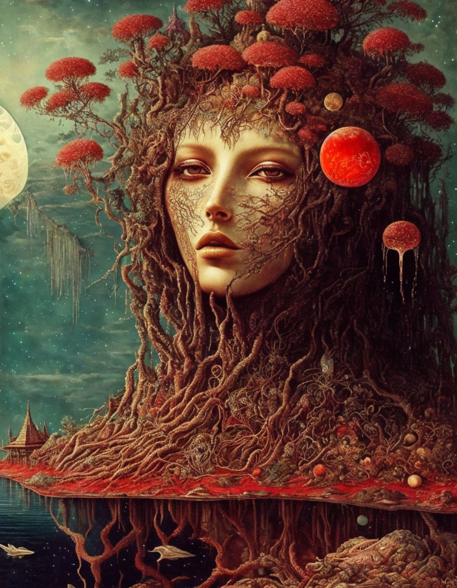 Surreal artwork: Woman with tree-like features, mushroom hair, celestial moons and stars