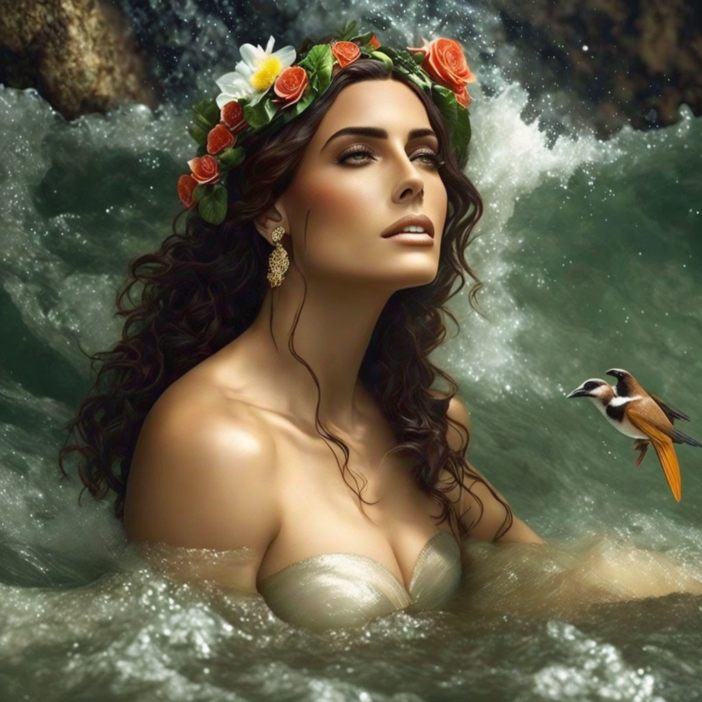 Woman with floral crown and flowing hair emerges from waves with bird in flight