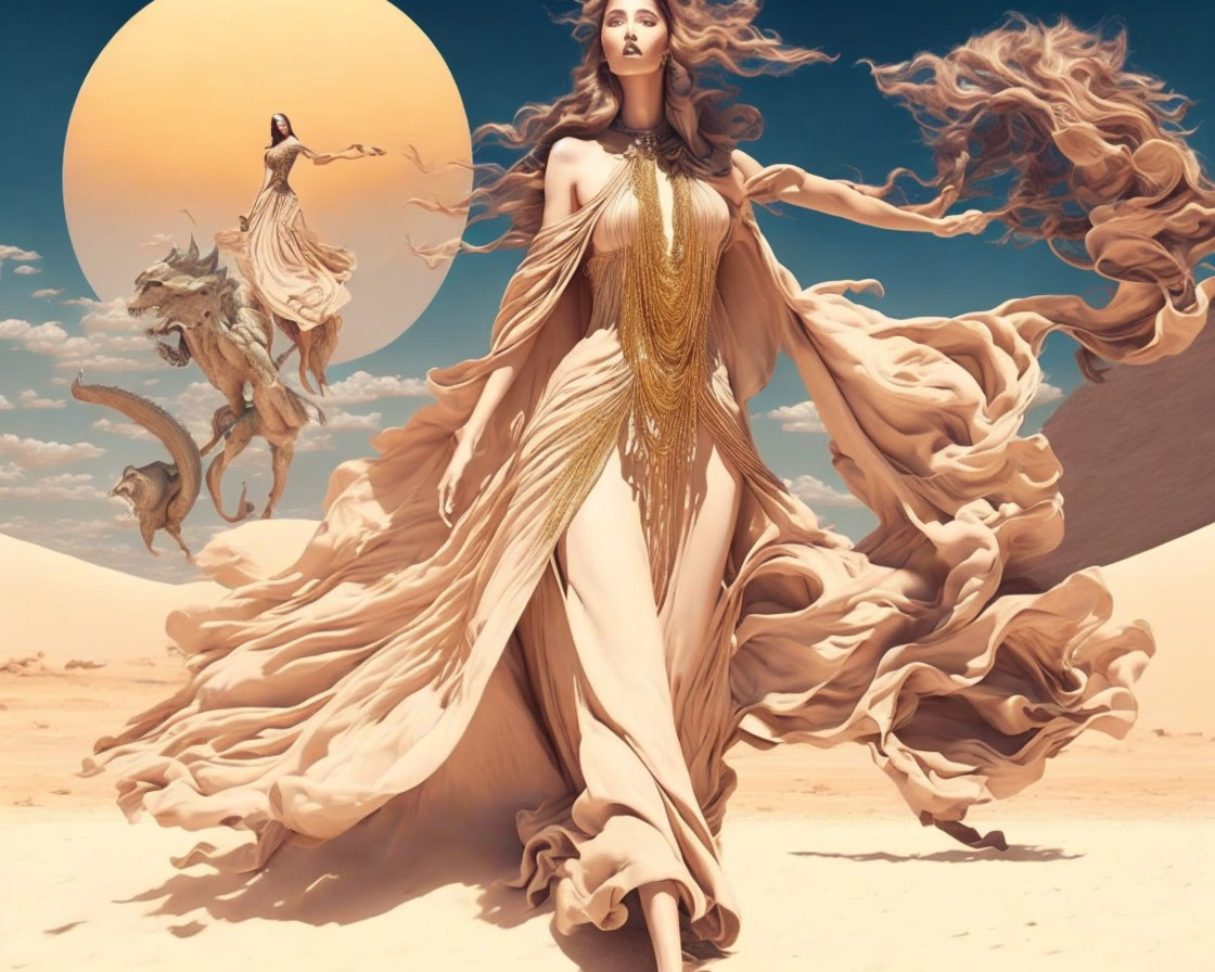 Stylized image of a woman in beige gown with gold jewelry in desert setting