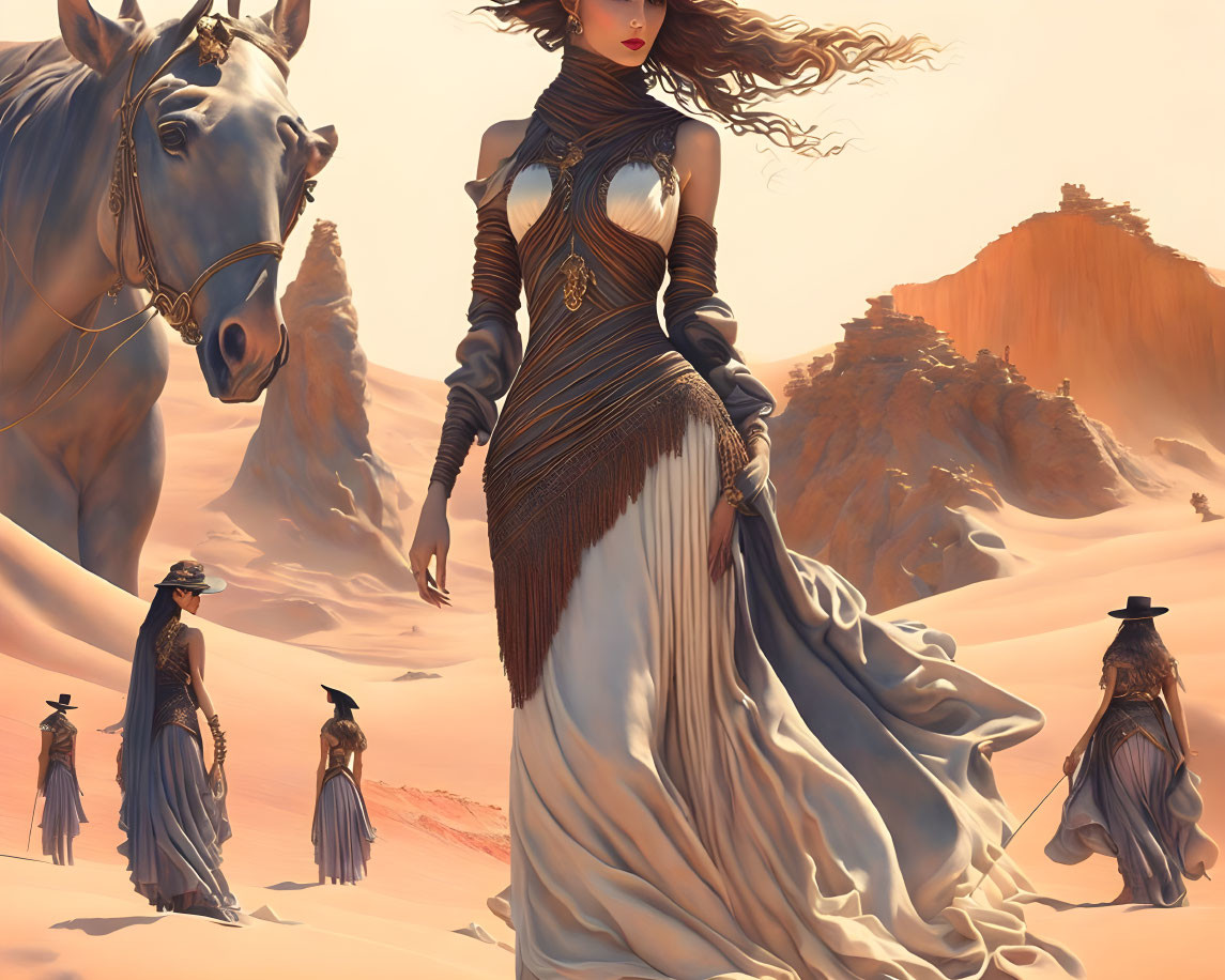 Stylized illustration of woman in gown and cowboy hat with horse in desert