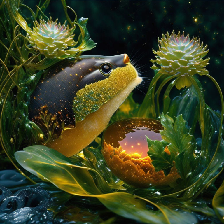 Colorful tropical fish in lush greenery with glowing flowers and orange landscape reflection.