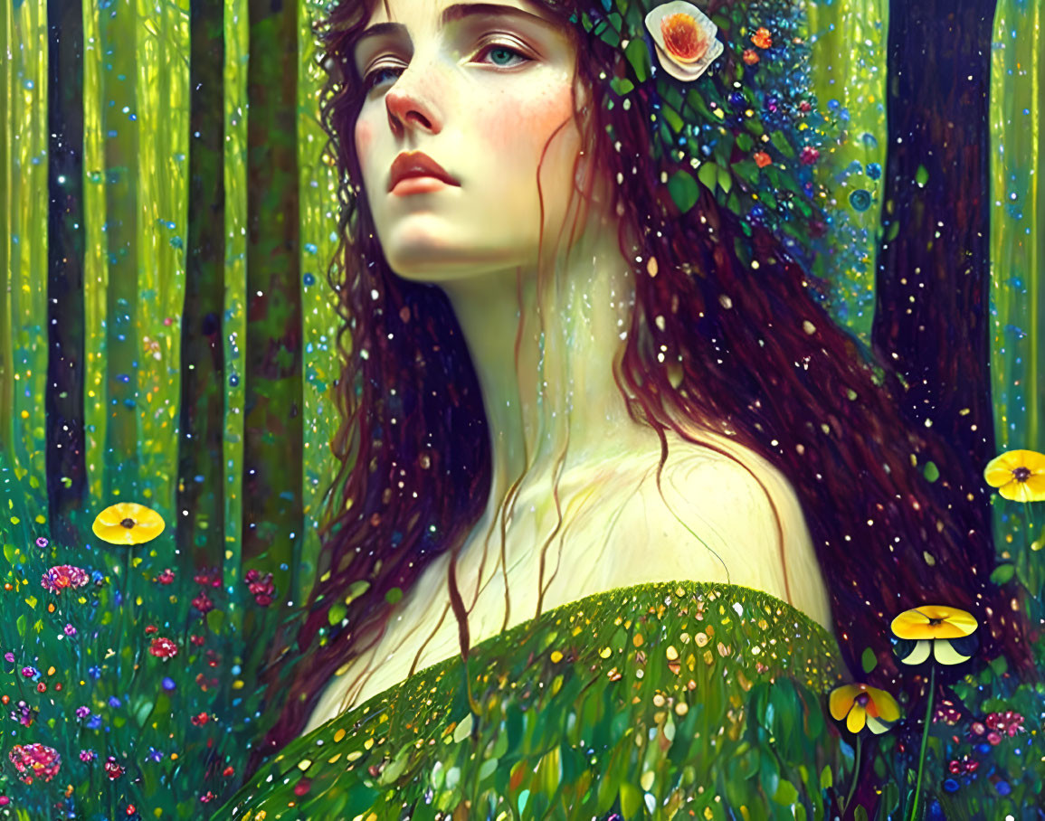 Illustrated woman with brown hair in flower crown, surrounded by lush green forest and floating lights