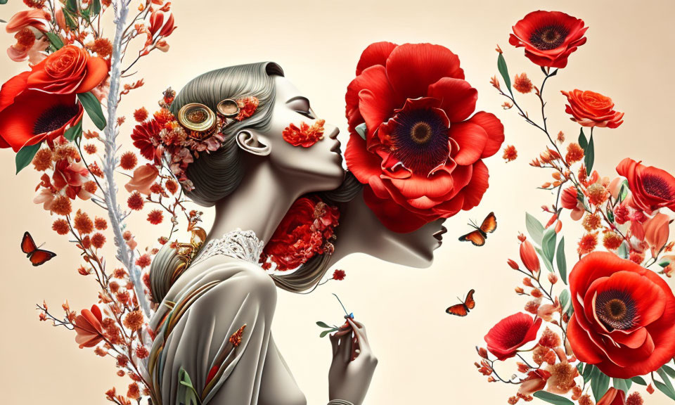 Woman's profile with red flowers and butterflies: Surreal illustration