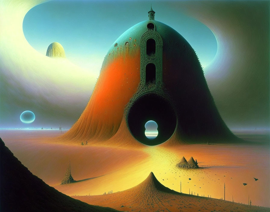 Surreal landscape with towering volcano-like structure and multiple moons.