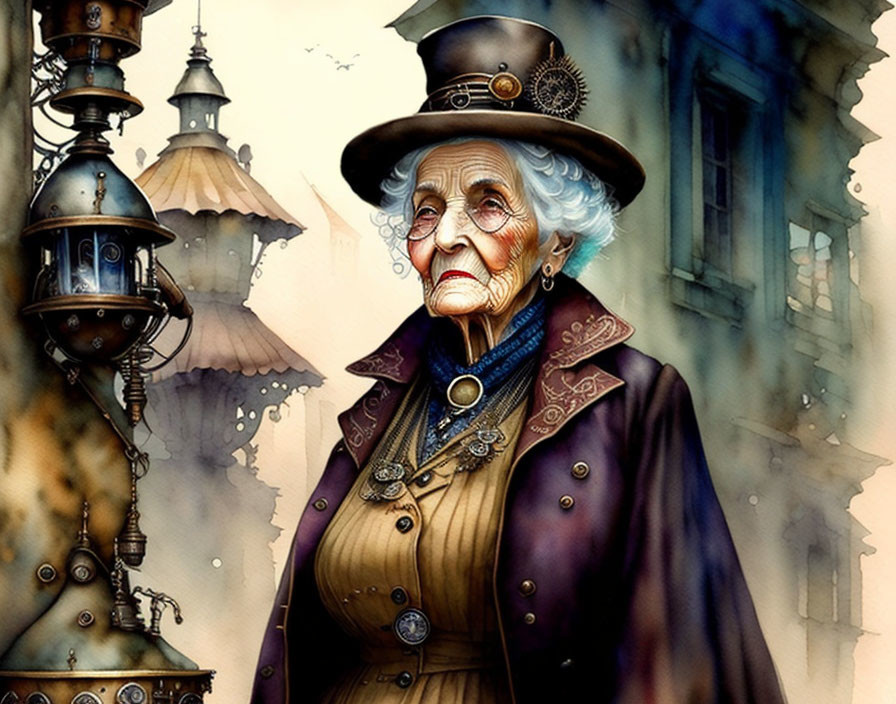 Elderly woman in steampunk attire with top hat and goggles by Victorian lamp post.