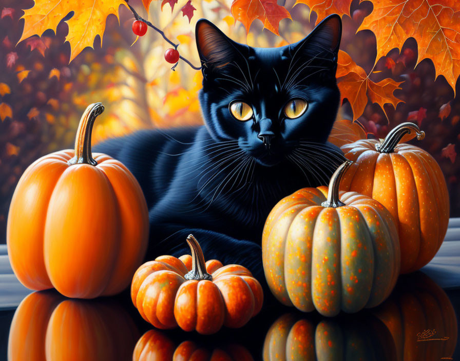 Black Cat Among Orange Pumpkins and Autumn Leaves