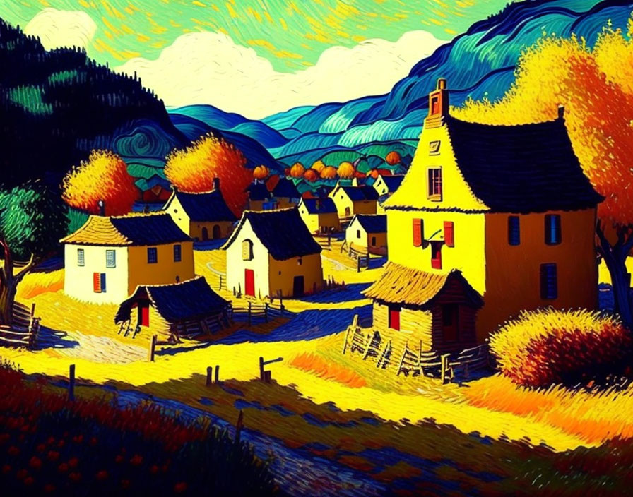 Colorful rural village painting with yellow trees and stylized houses under a swirling blue sky.