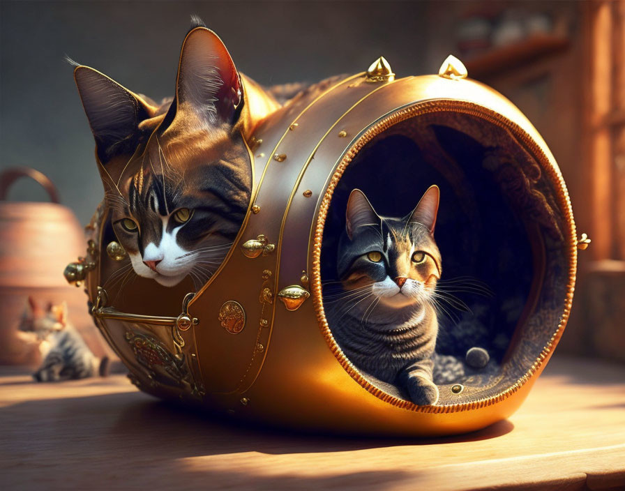 Luxurious golden steampunk-style cat carrier with animated cats in warmly lit room