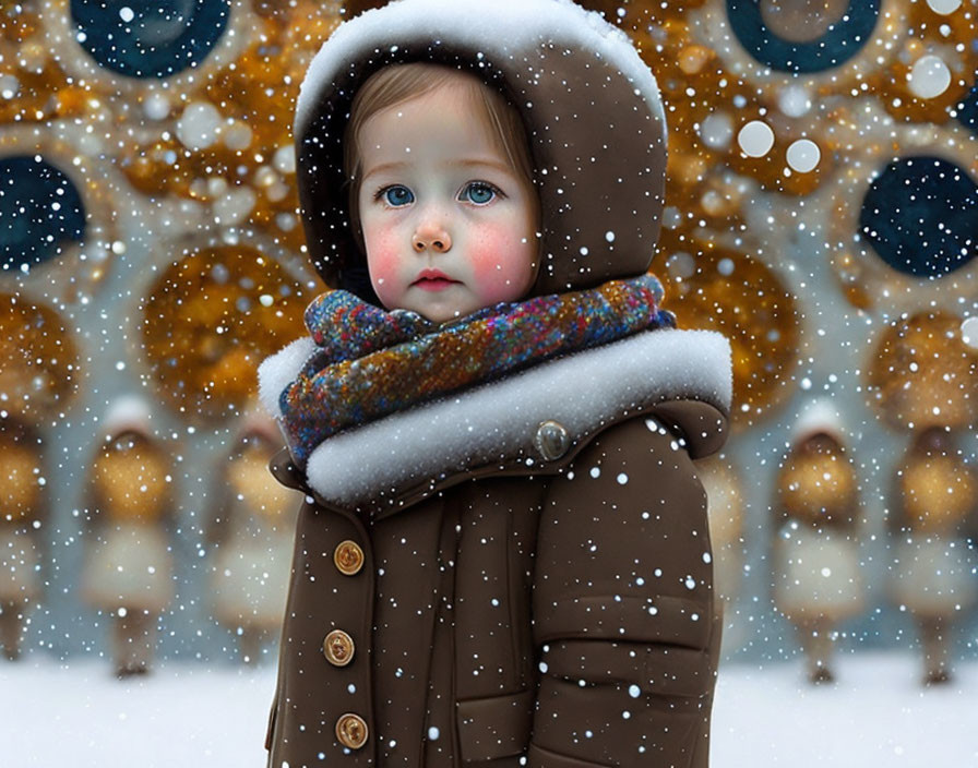 Child in Winter Coat and Scarf with Snowflakes and Trees