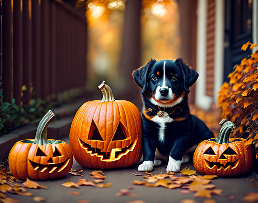 Black and White Puppy with Carved Pumpkins and Autumn Leaves