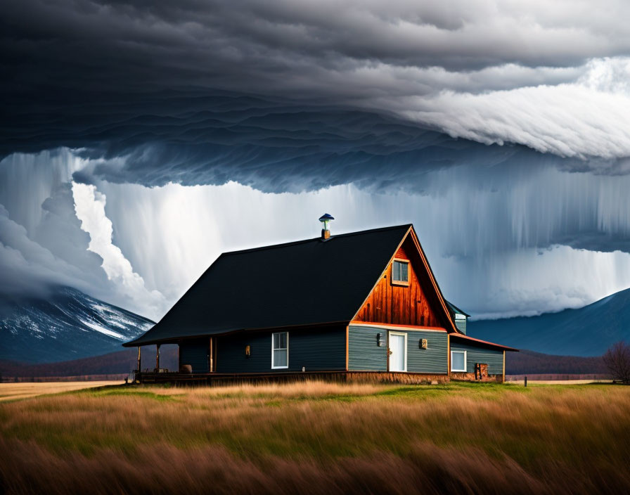 Peaked roof house in field under dramatic sky