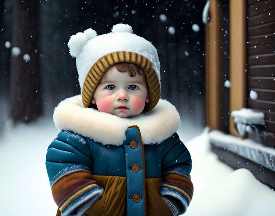 Rosy-cheeked toddler in winter attire amid falling snowflakes