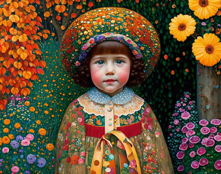 Child in Floral Hat Surrounded by Colorful Flowers