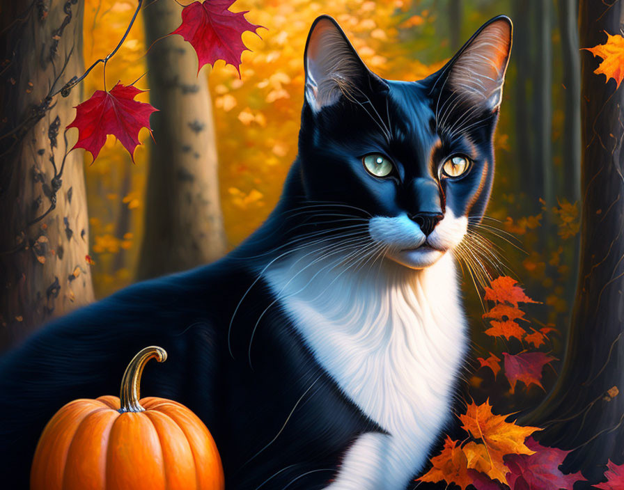 Majestic Black and White Cat with Pumpkin and Autumn Leaves