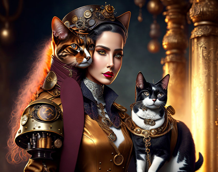 Steampunk-themed woman with two cats in matching costumes