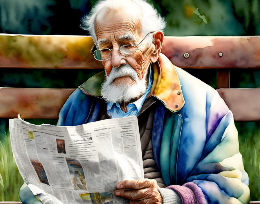 Elderly man reading newspaper on bench with colorful attire