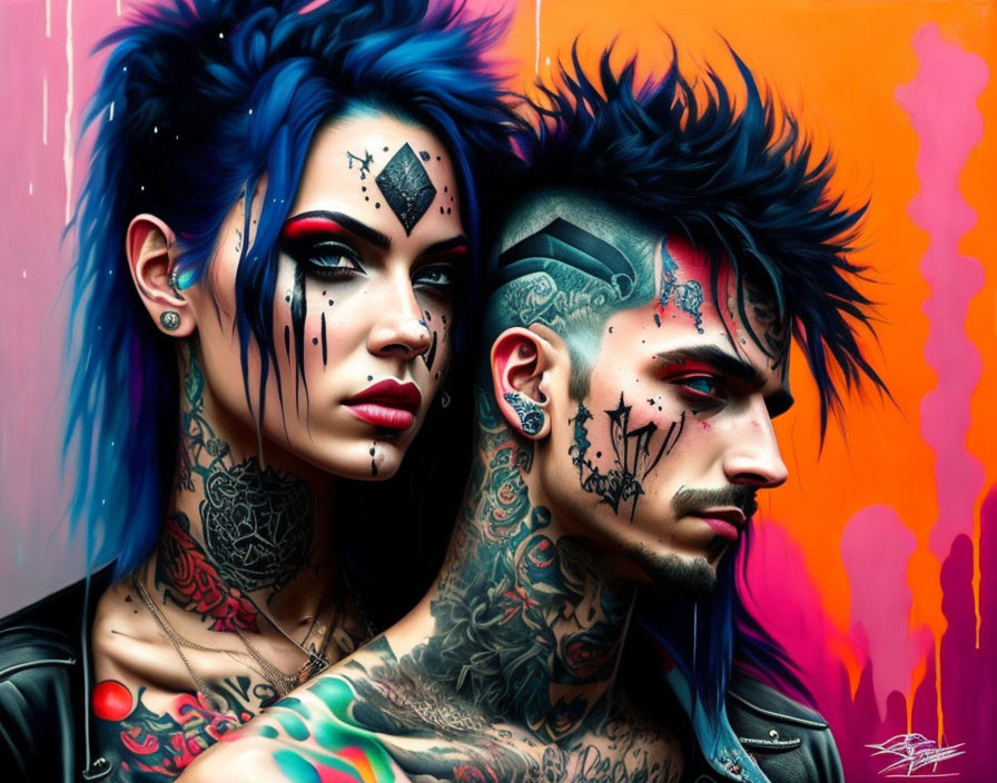 Stylized digital painting of edgy couple with tattoos and piercings