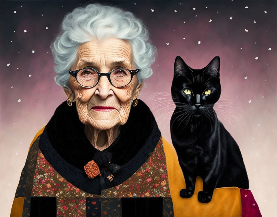 Elderly woman with white hair and glasses with black cat on starry backdrop