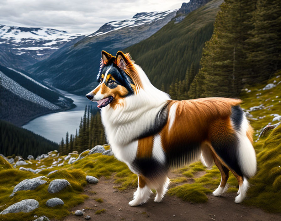 Tricolor Shetland Sheepdog on Grass Hill with Mountains and Lake