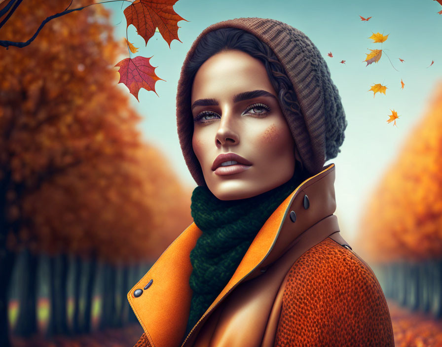 Woman in Beige Beanie and Orange Coat Among Falling Autumn Leaves