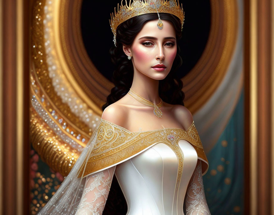 Regal woman in white and gold gown with ornate golden frame