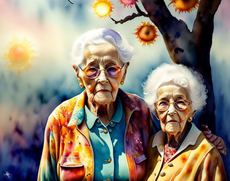 Two stylized elderly women against colorful abstract background