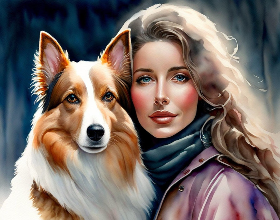 Woman with wavy hair and dog with pointy ears posing together in front of blurred background