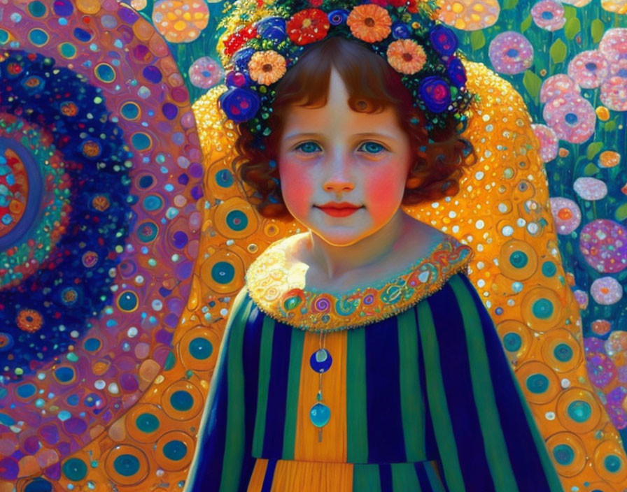 Young child portrait with rosy cheeks and floral headpiece on vibrant backdrop