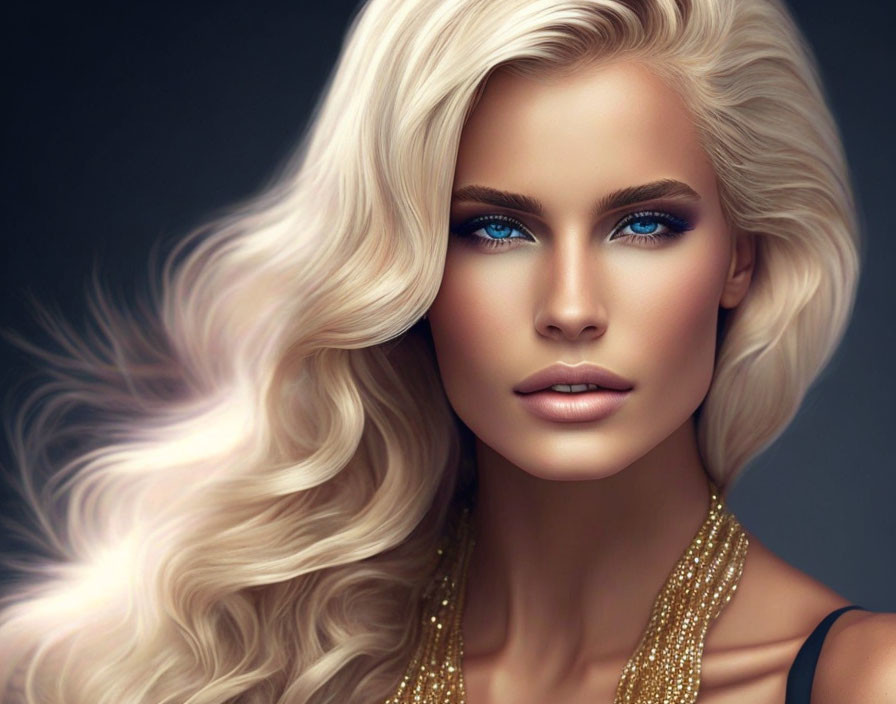 Portrait of woman with voluminous blonde hair and blue eyes wearing gold necklace