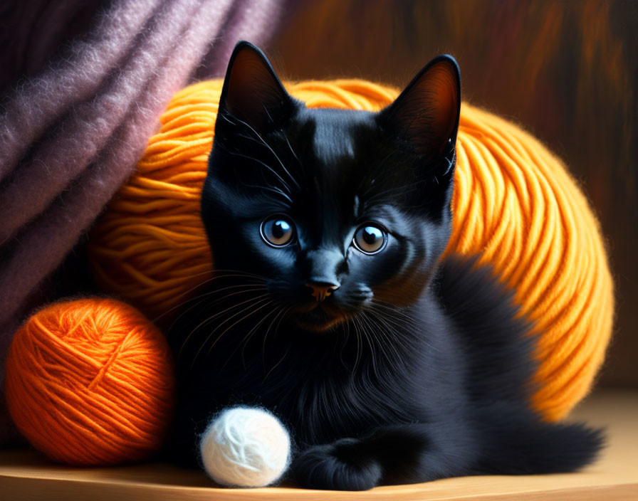 Black Kitten and Yarn Balls in Soft-focus Setting