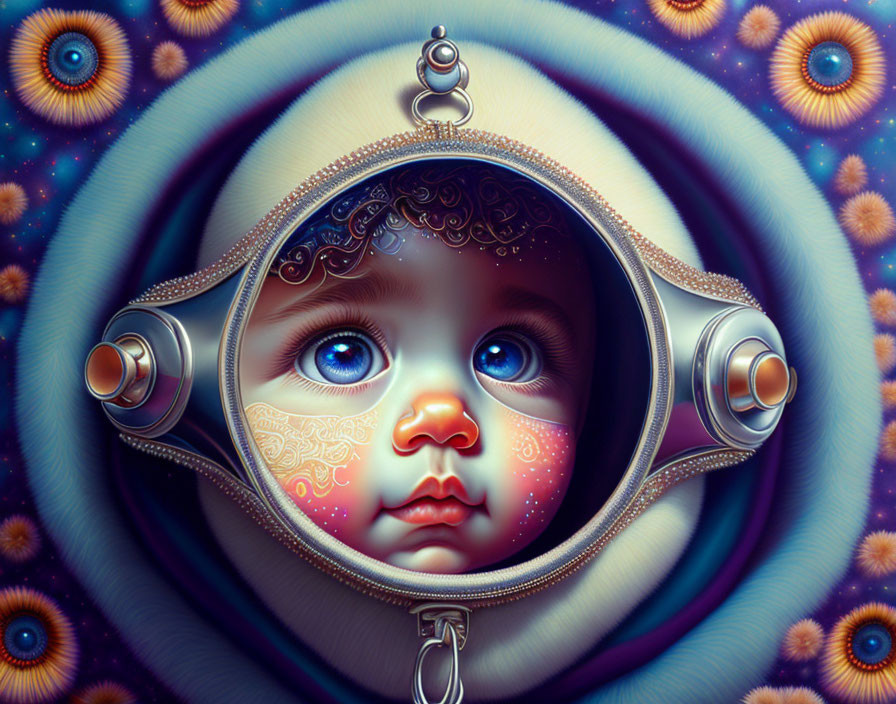 Child portrait with vivid eyes in astronaut helmet and celestial motifs