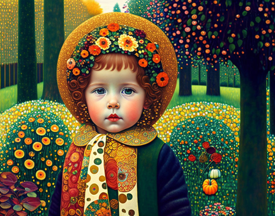 Whimsical painting of child in floral hood in vibrant garden