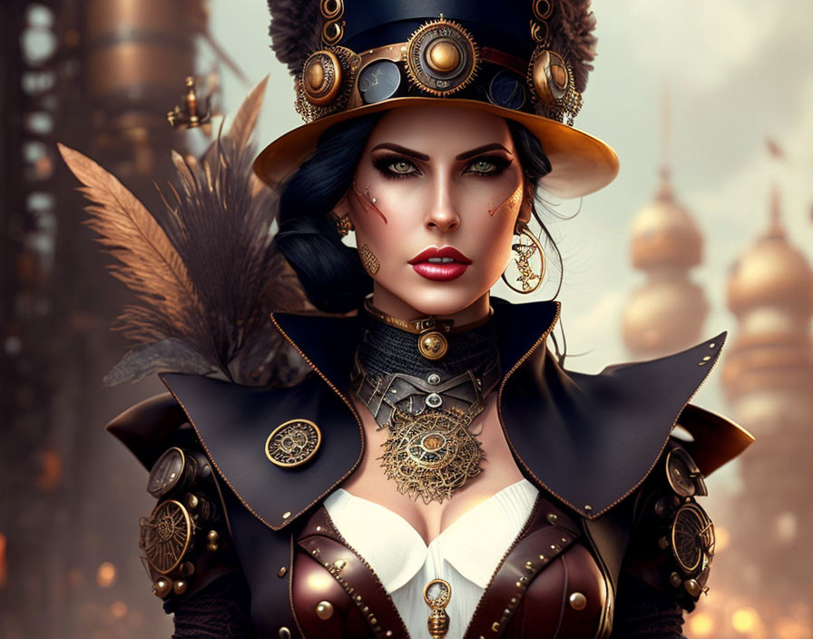 Digital illustration of woman in steampunk outfit with blue eyes