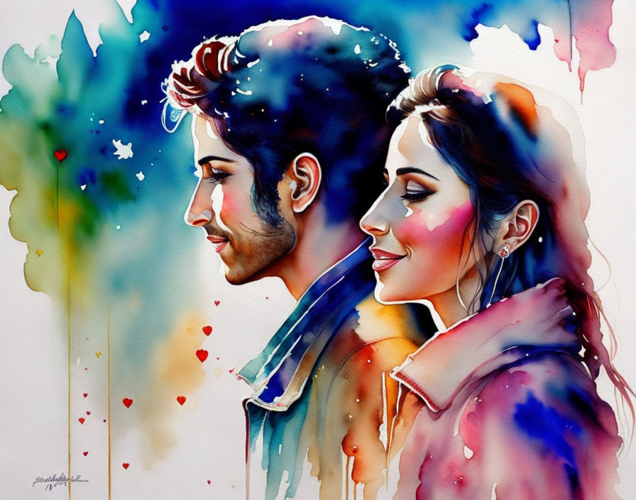 Expressive Watercolor Painting of Man and Woman in Profile