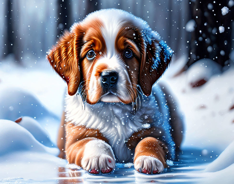 Brown and white puppy with soulful eyes in snow with snowflakes.