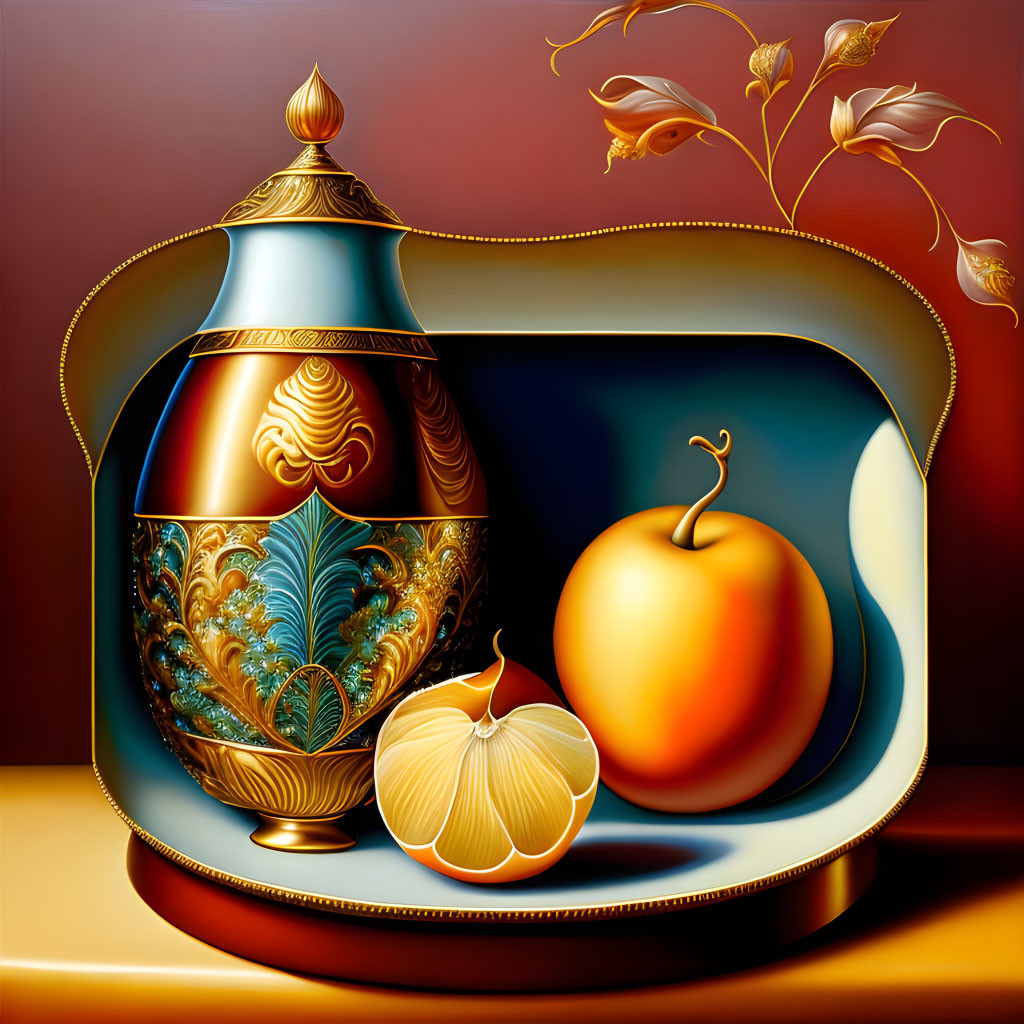 Decorative urn with golden apple and garlic on warm gradient background