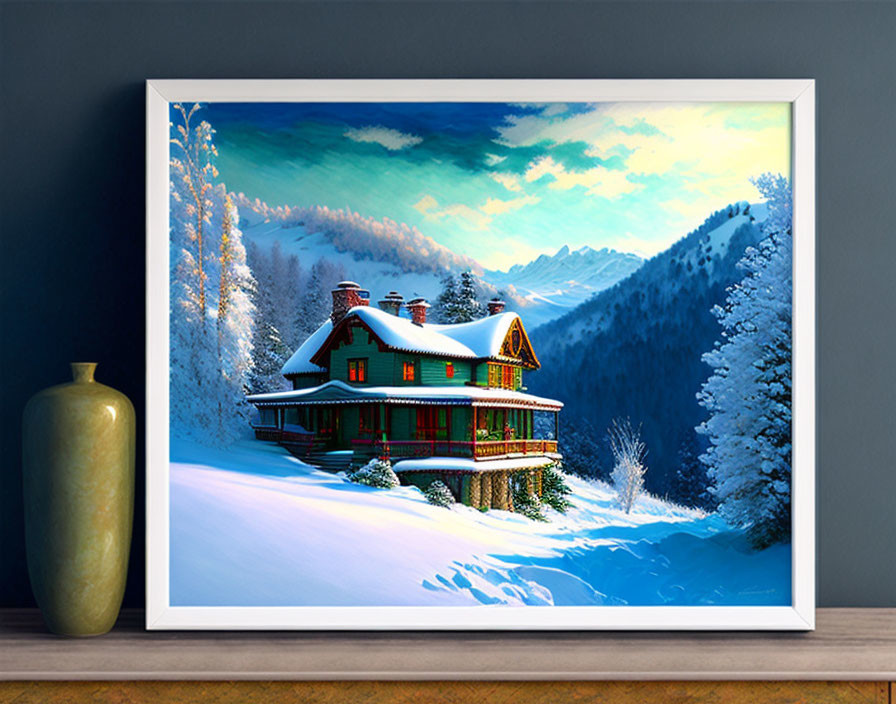 Framed painting of cozy house in snowy landscape with pine trees beside golden vase