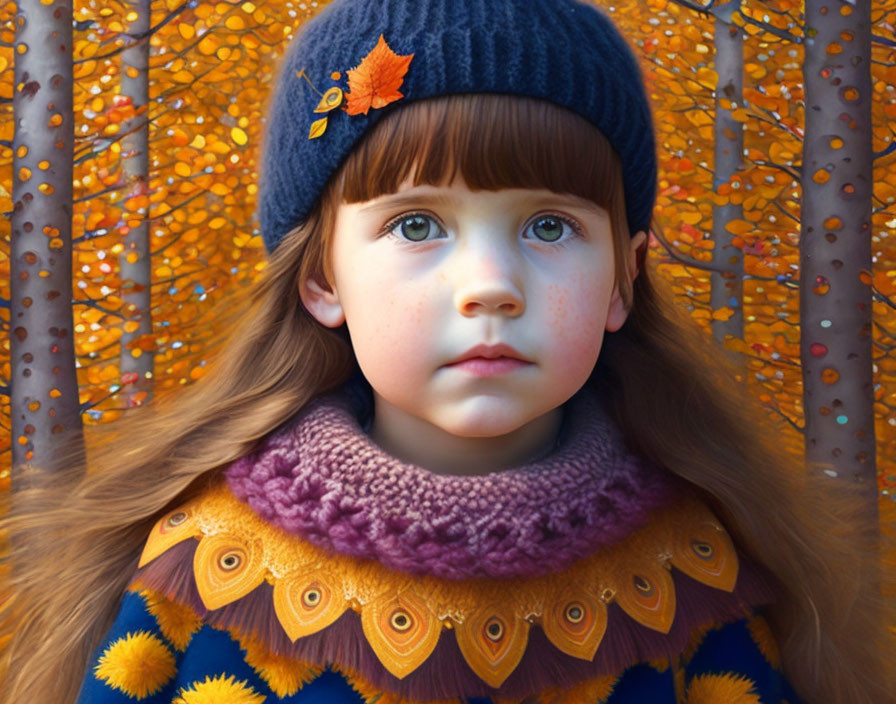 Young girl with long brown hair in blue hat and purple scarf against vibrant orange autumn backdrop