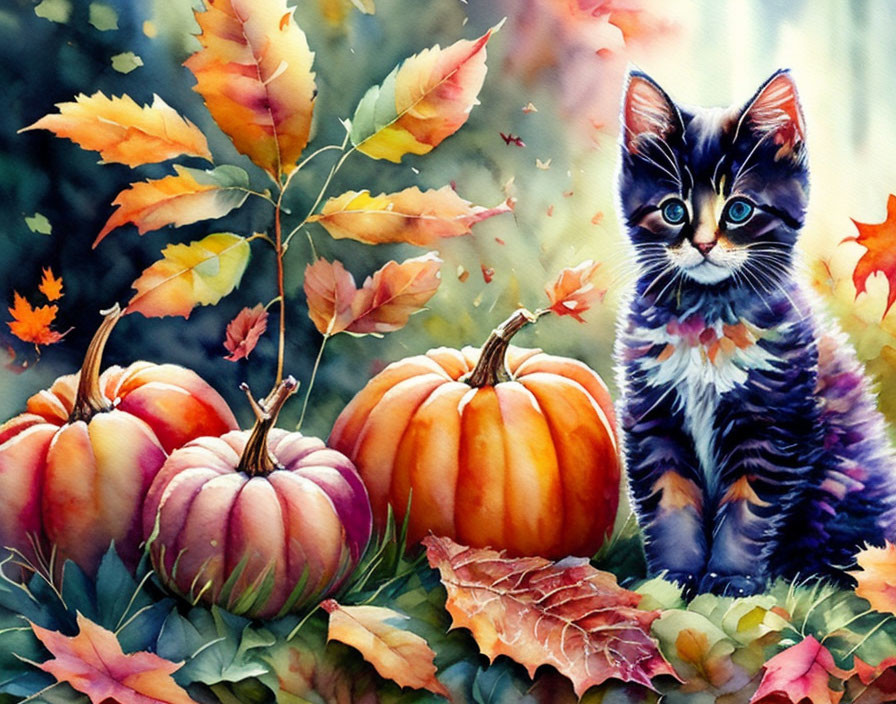 Adorable kitten with pumpkins and autumn leaves.