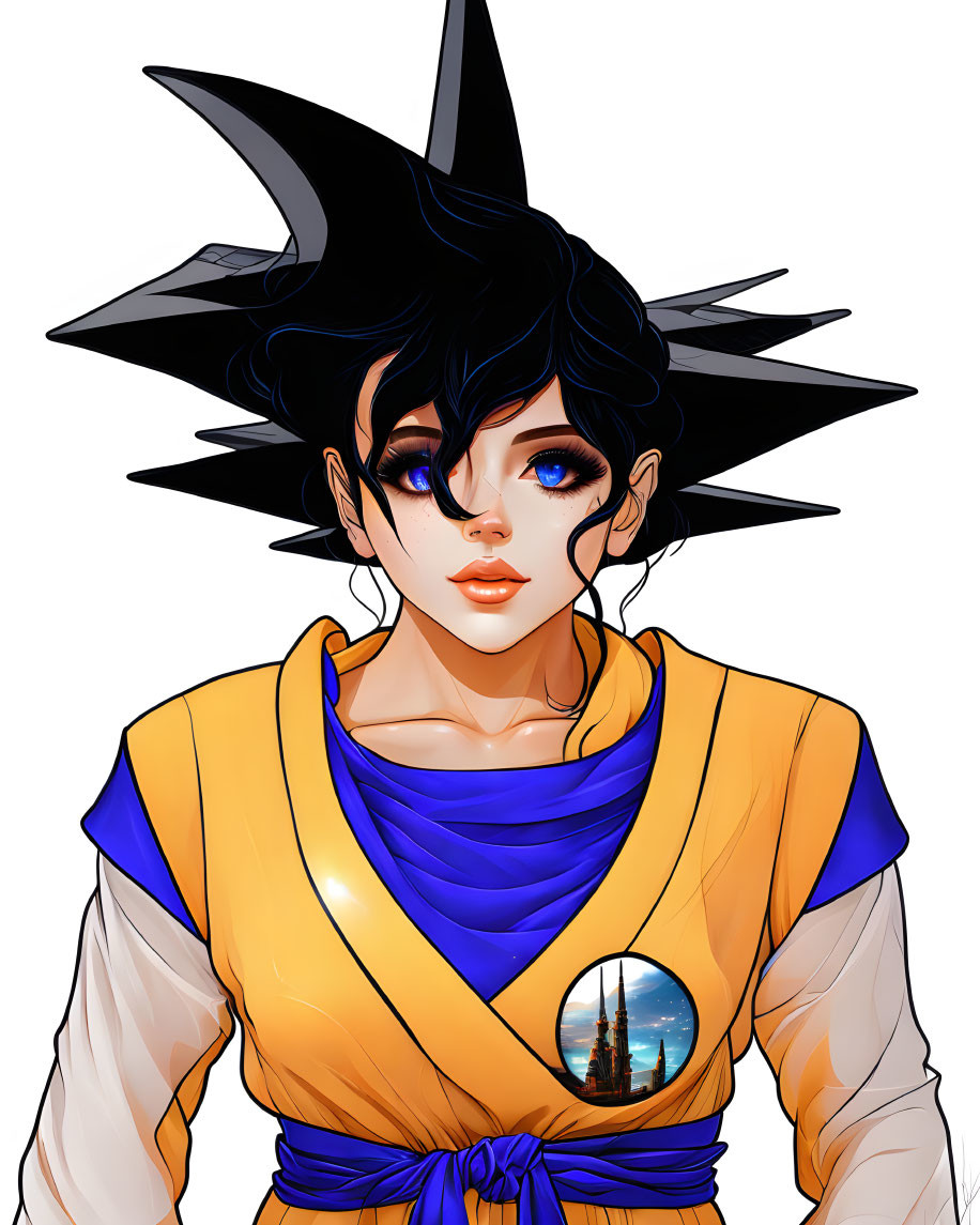 Stylized character with spiky black hair, blue eyes, in martial arts outfit