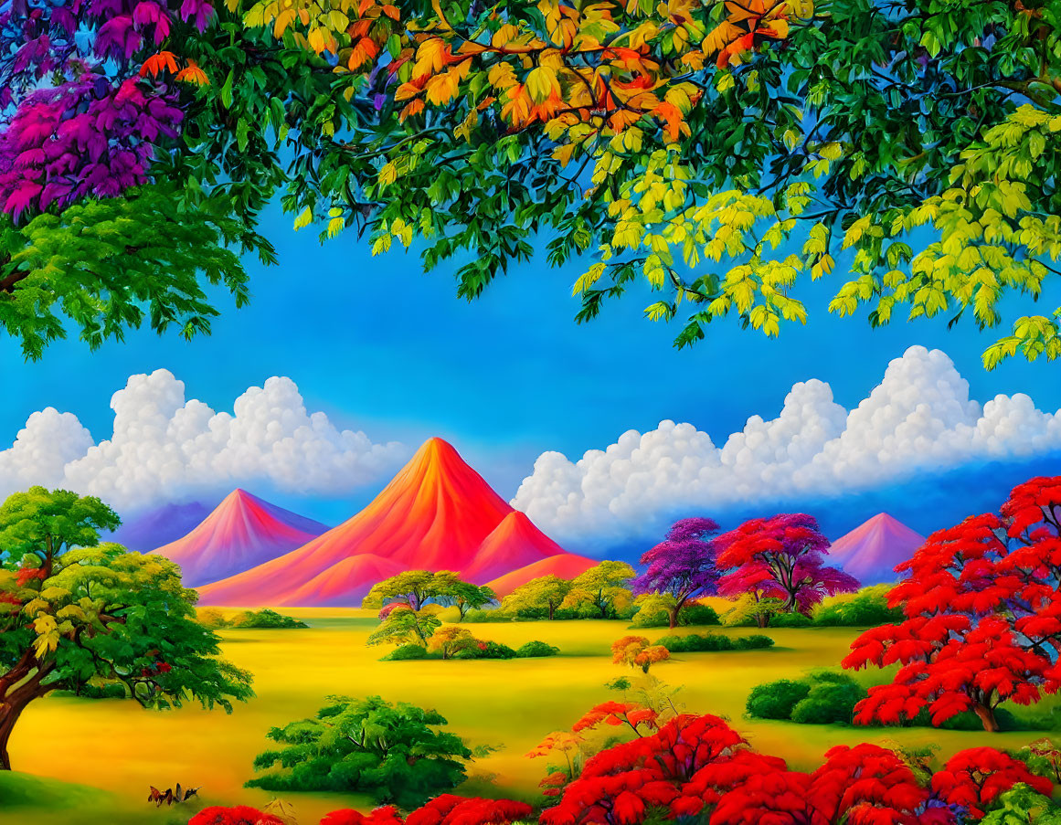 Colorful Landscape Painting: Red and Purple Trees, Yellow Field, Multicolored Mountains